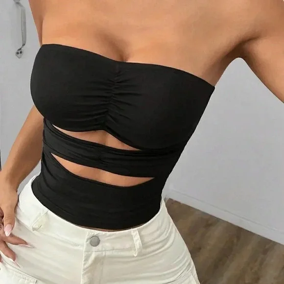 Black Casual Women's Summer Strapless Wavy Hollow Out Slim Fit Top - Picture 5 of 5